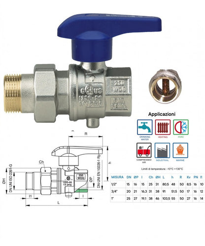 Valvola a sfera MF 1/2" maschio-femmina con bocchettone e regolazione di flusso