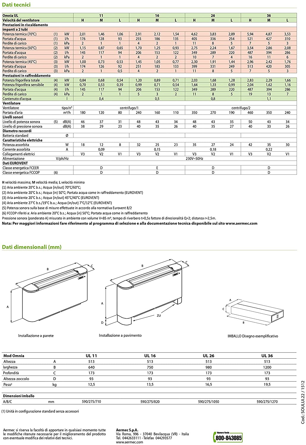 Ventilconvettore/fancoil AERMEC OMNIA UL 26 bianco REGOLATORE 3 VELOCITA'