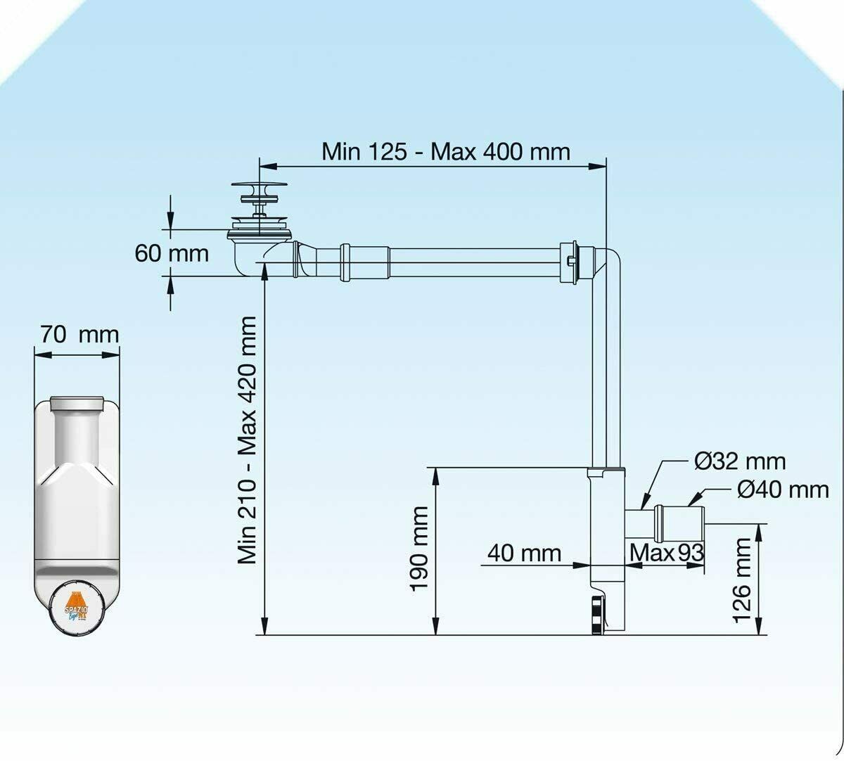 SIFONE SPAZIO BAGNO NT ISPEZIONABILE PER LAVABI CON PILETTA BASKET BAGNO ø32/ø40