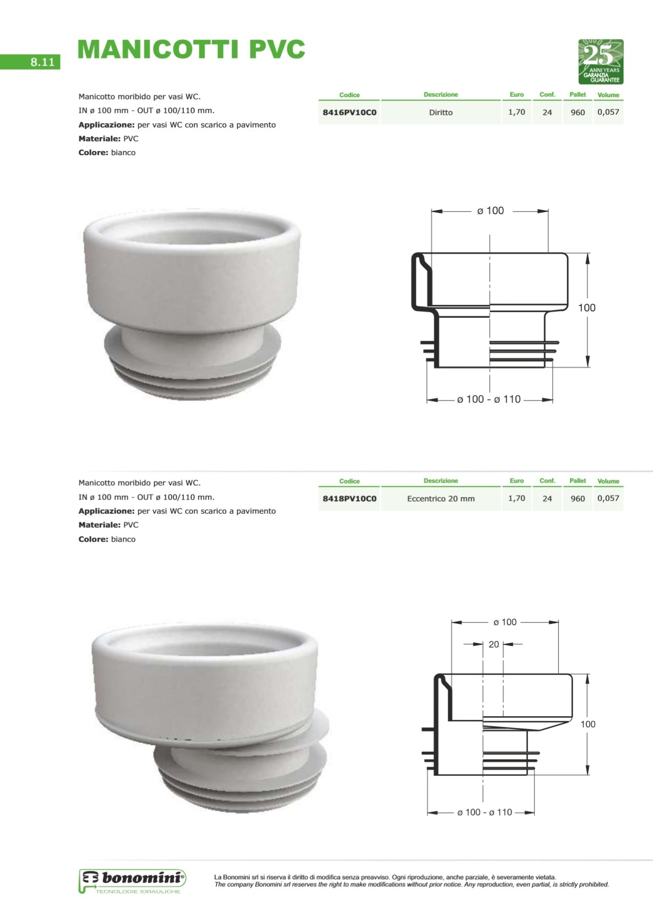 GUARNIZIONE MANICOTTO IN GOMMA WC DIRITTO BIANCO 100/110 8416PV10C0