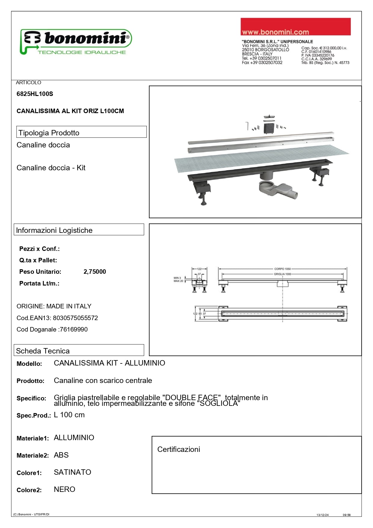 CANALISSIMA KIT – ALLUMINIO L 100 cm CANALINA SIFONATA DOCCIA