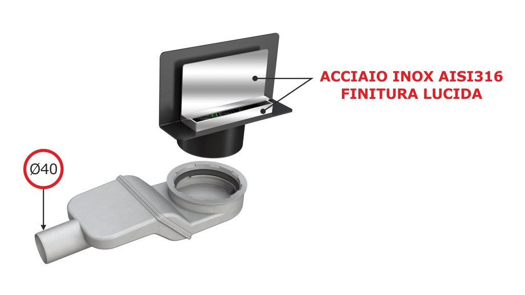 CANALINA DOCCIA WALLY Con Scarico a parete Griglia in acciaio INOX lucido / Scarico ø 40 mm 6999LX40S