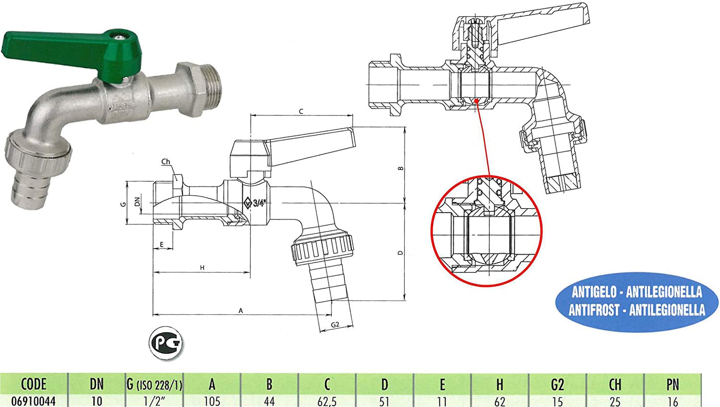 Rubinetto pesante PORTAGOMMA 3/4 Leva in alluminio Verde Sistema ANTIGELO