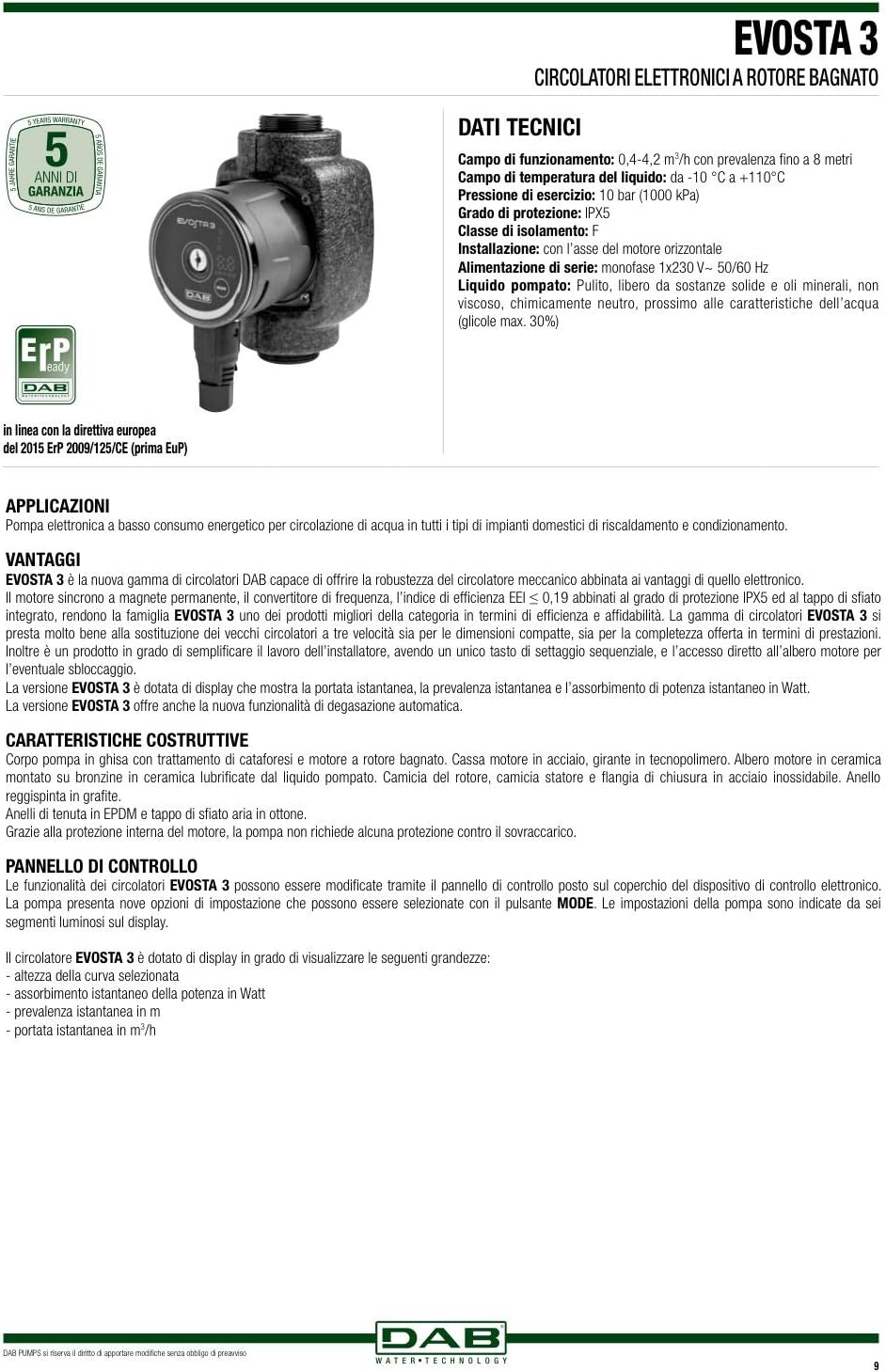 DAB - Circolatore elettronico Evosta 3 interasse 130 mm 230V - da 1'', prevalenza 6 metri