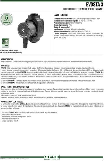 DAB - Circolatore elettronico Evosta 3 interasse 130 mm 230V - da 1'', prevalenza 6 metri