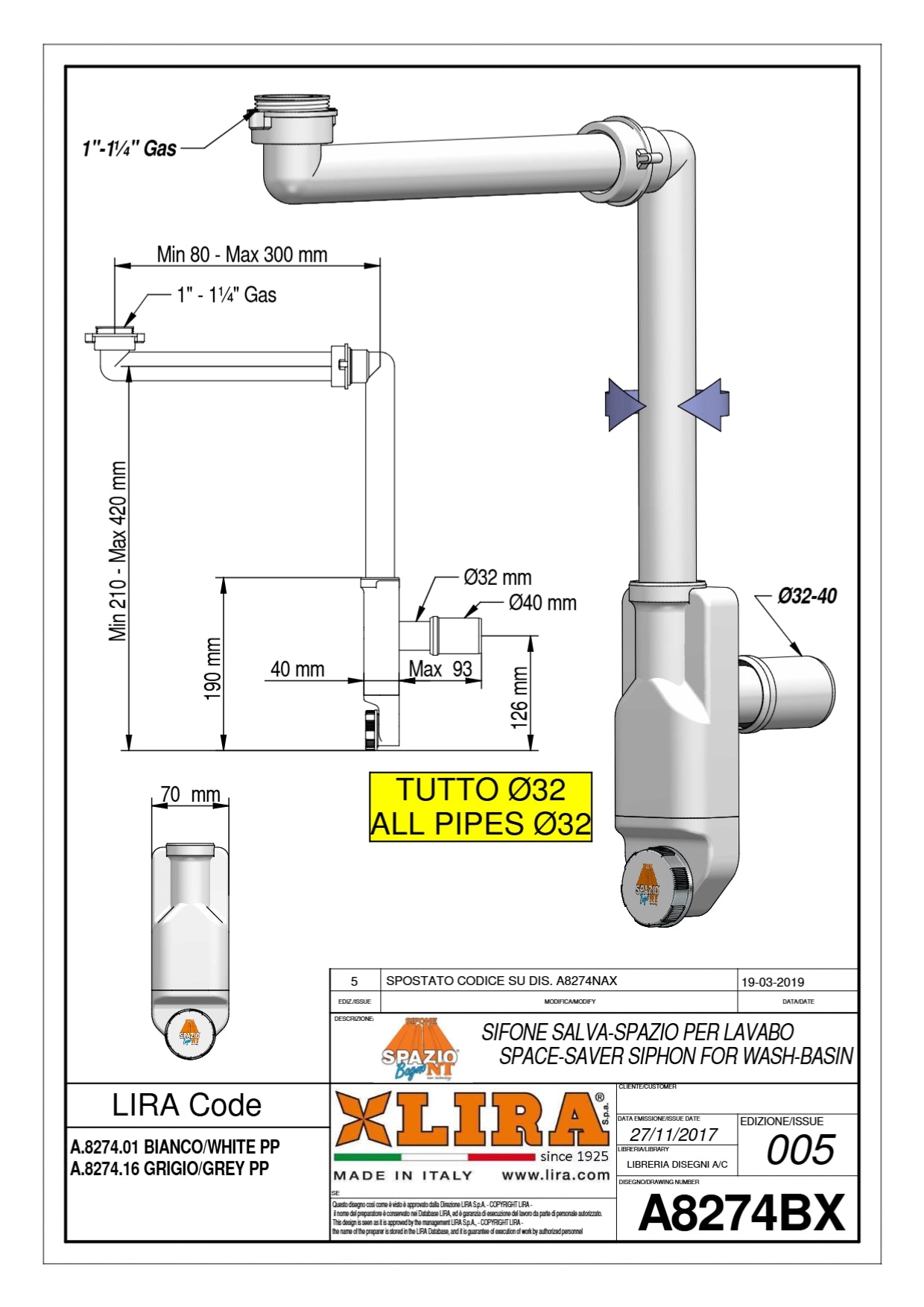 LIRA SIFONE SALVASPAZIO ISPEZIONABILE LAVABO A.8274.01 BIANCO 1" /1"1/4-40/32