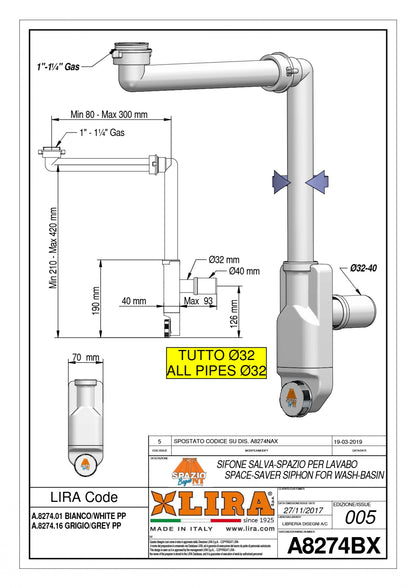 LIRA SIFONE SALVASPAZIO ISPEZIONABILE LAVABO A.8274.01 BIANCO 1" /1"1/4-40/32